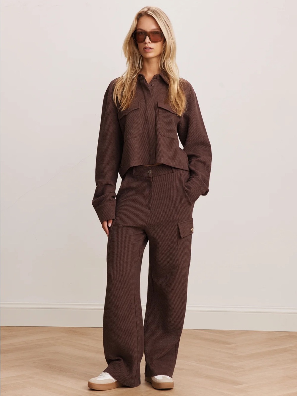 Lune Active Women's Brown Wide-Leg Cargo Pants & Matching Top Set